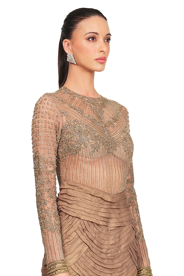 Taupe Embroidered Mini Party Wear Dress by Rocky Star at Pernia's Pop Up Shop