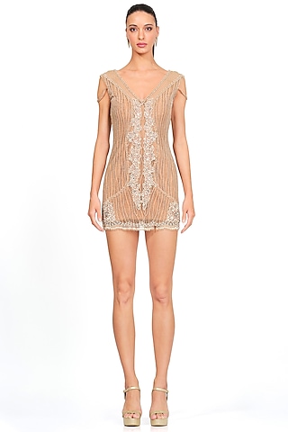 Beige Embroidered Mini Dress by Rocky Star