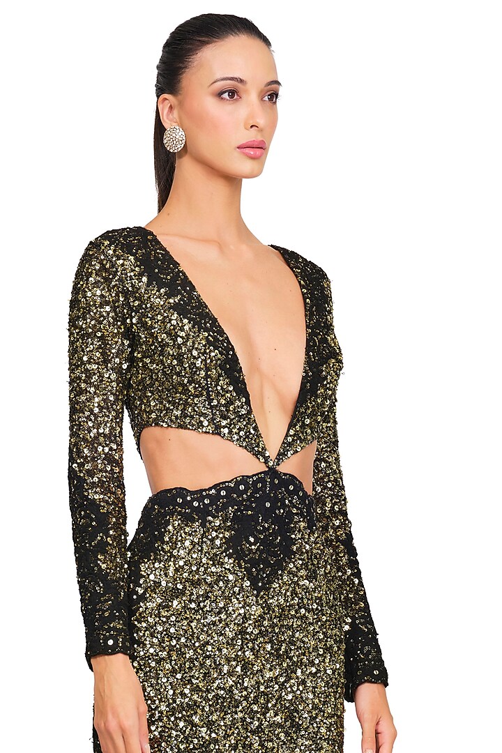 Black & Gold Embroidered Knee-Length Party Wear Dress by Rocky Star at Pernia's Pop Up Shop