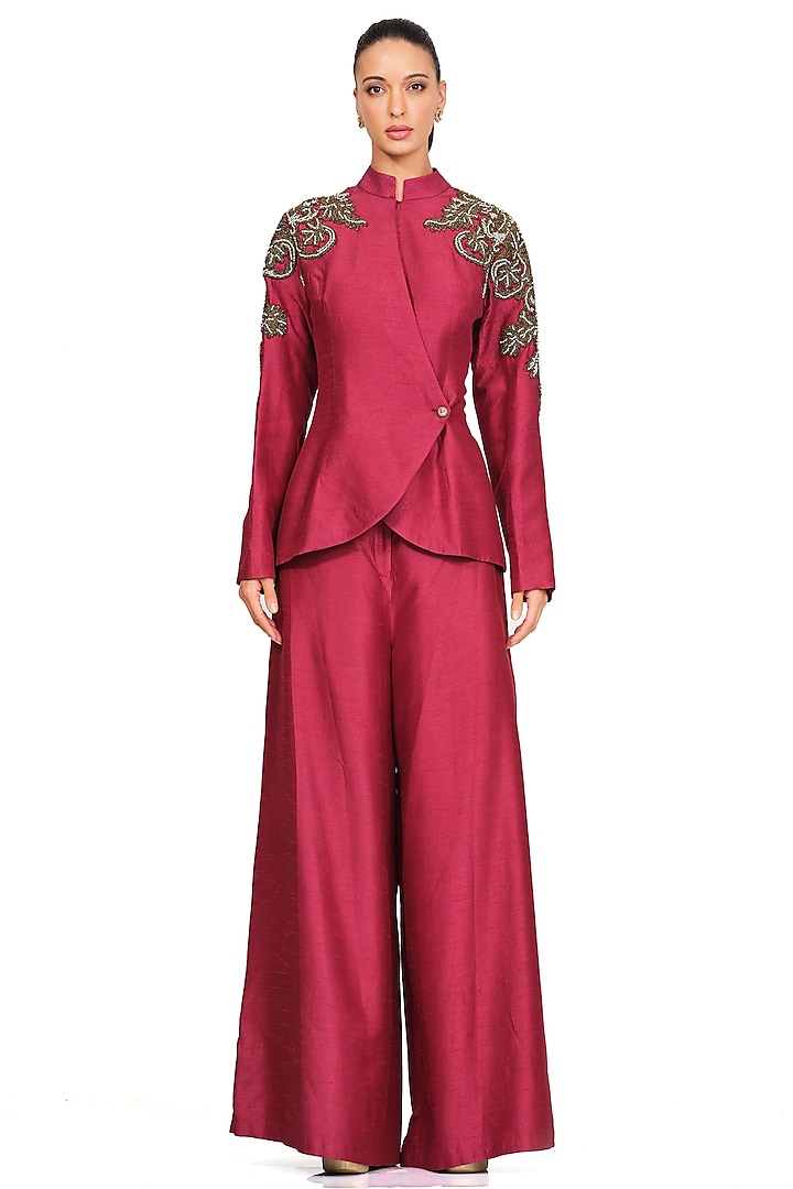 Maroon Embroidered Jacket Set by Rocky Star