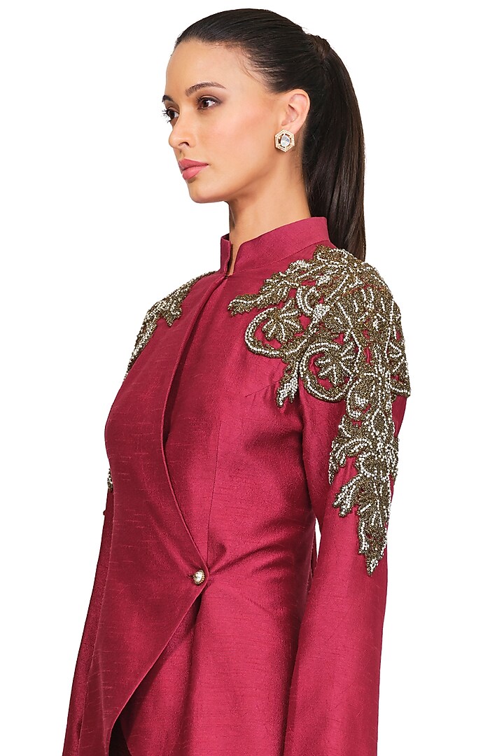 Maroon Embroidered Jacket Set by Rocky Star at Pernia's Pop Up Shop
