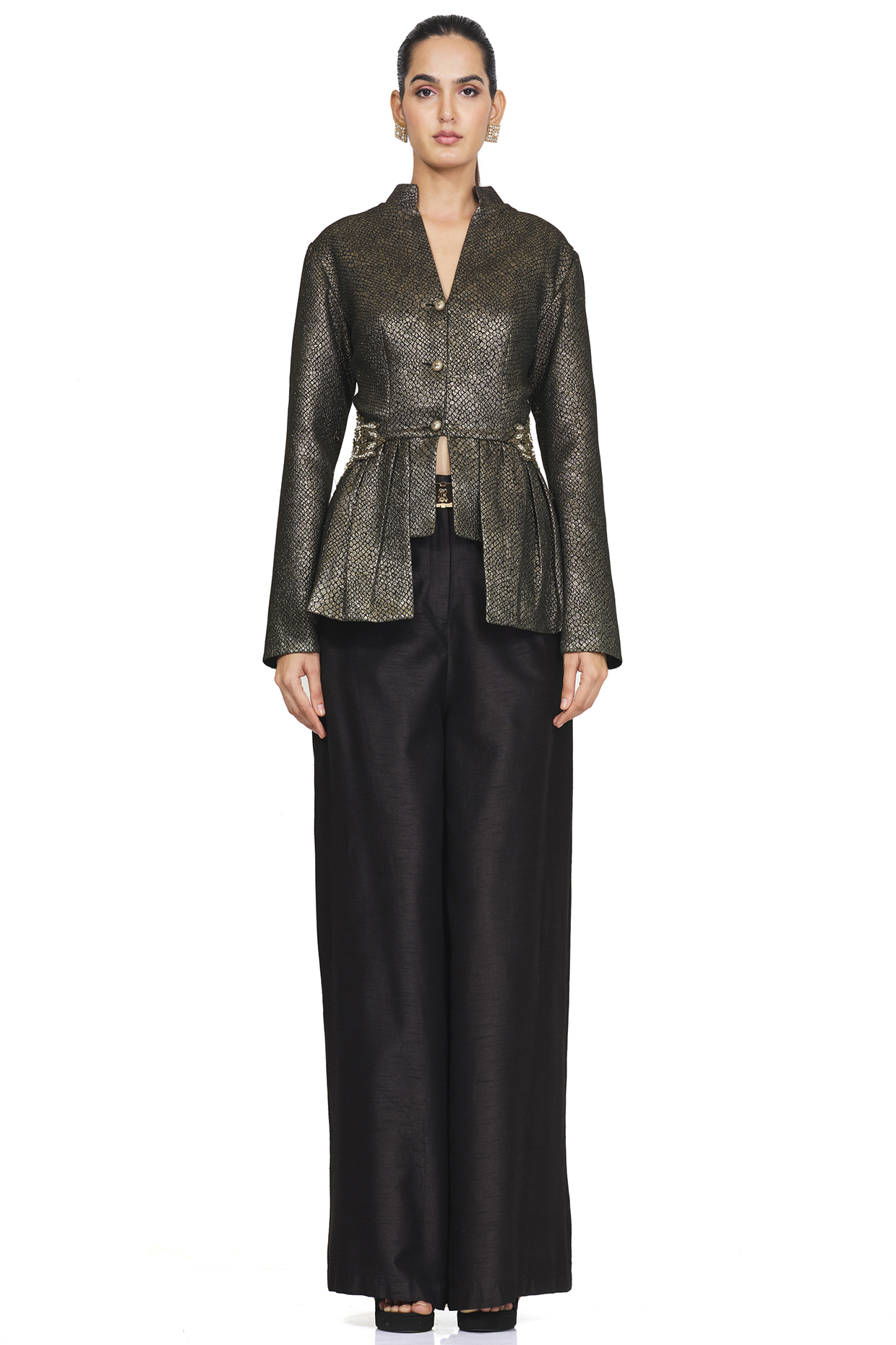 Black & Gold Embroidered Jacket Set by Rocky Star