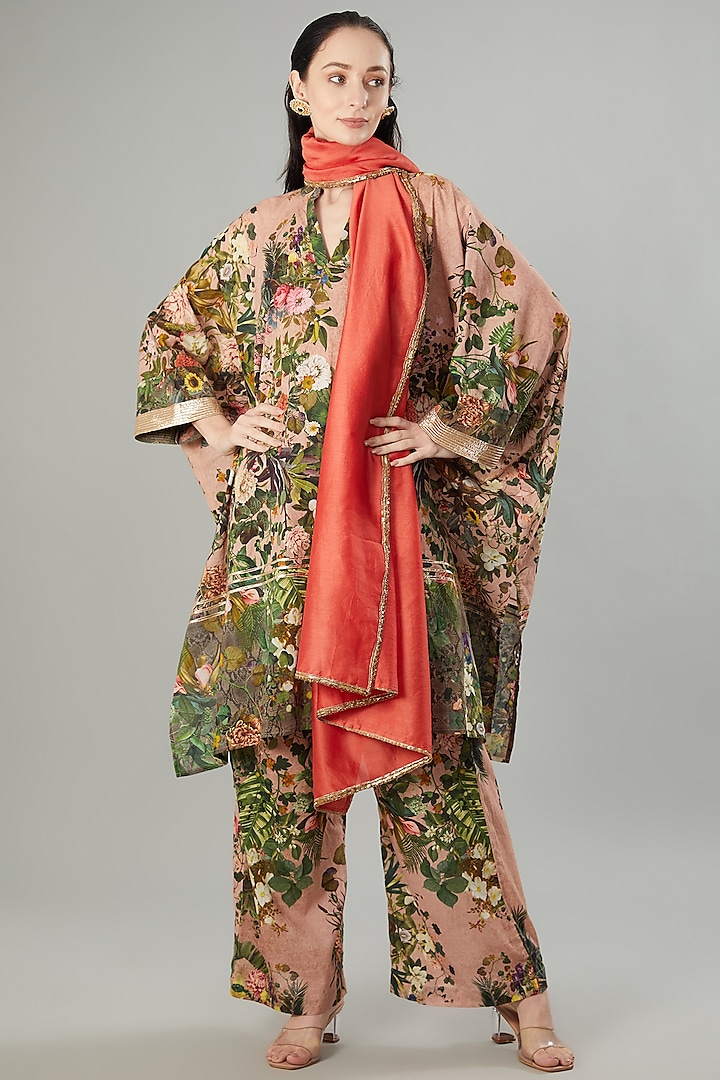 Multi-Colored Mulmul Floral Printed Tunic Set by Rocky Star