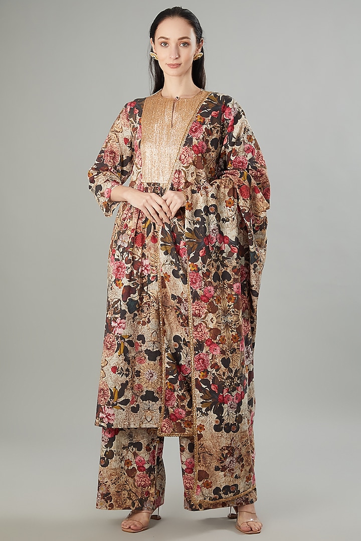 Multi-Colored Mulmul Floral Printed & Embroidered Tunic Set by Rocky Star