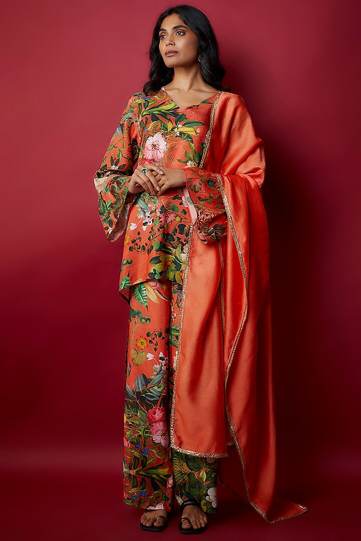 Orange Raw Silk Botanical Printed Tunic Set by Rocky Star at Pernia's Pop Up Shop