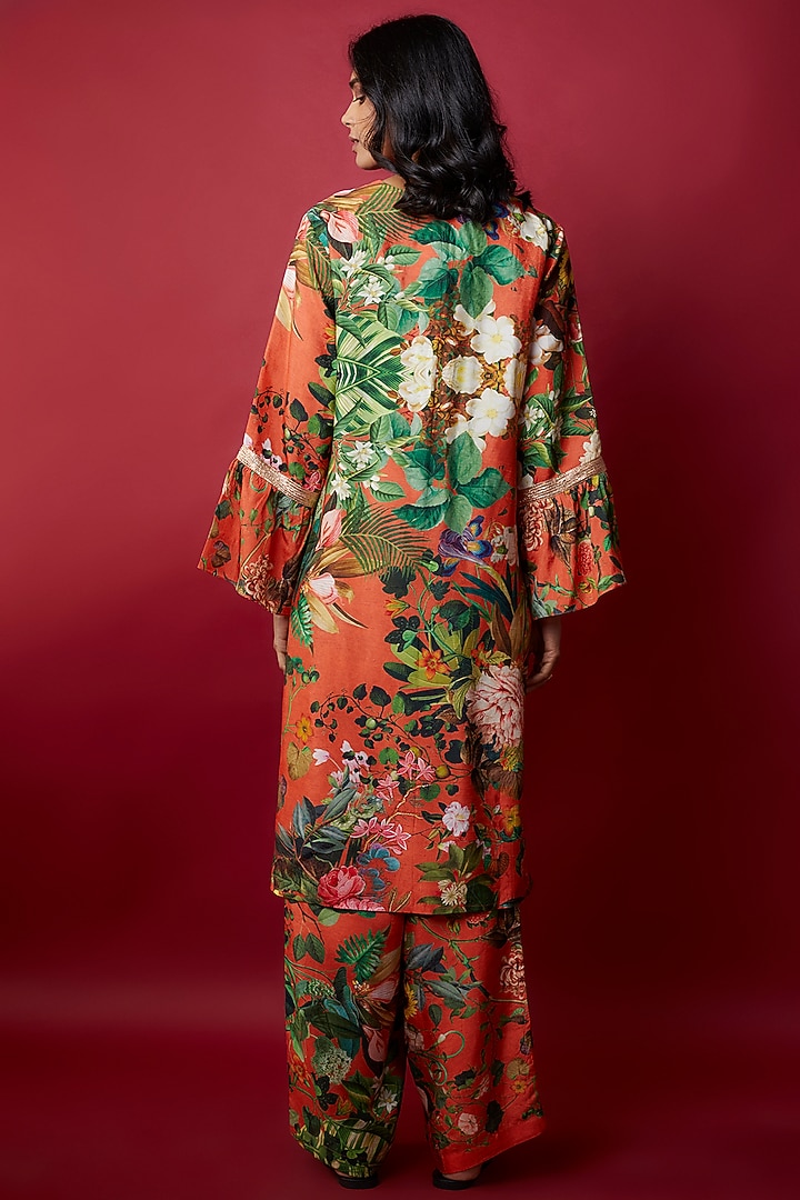 Orange Raw Silk Botanical Printed Tunic Set by Rocky Star at Pernia's Pop Up Shop
