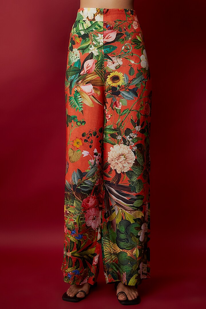 Orange Raw Silk Botanical Printed Tunic Set by Rocky Star at Pernia's Pop Up Shop
