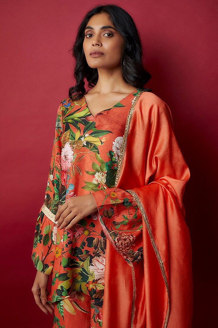 Orange Raw Silk Botanical Printed Tunic Set by Rocky Star at Pernia's Pop Up Shop