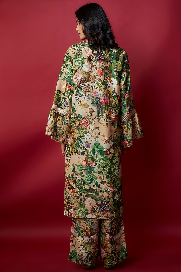 Beige Raw Silk Botanical Printed Tunic Set by Rocky Star at Pernia's Pop Up Shop