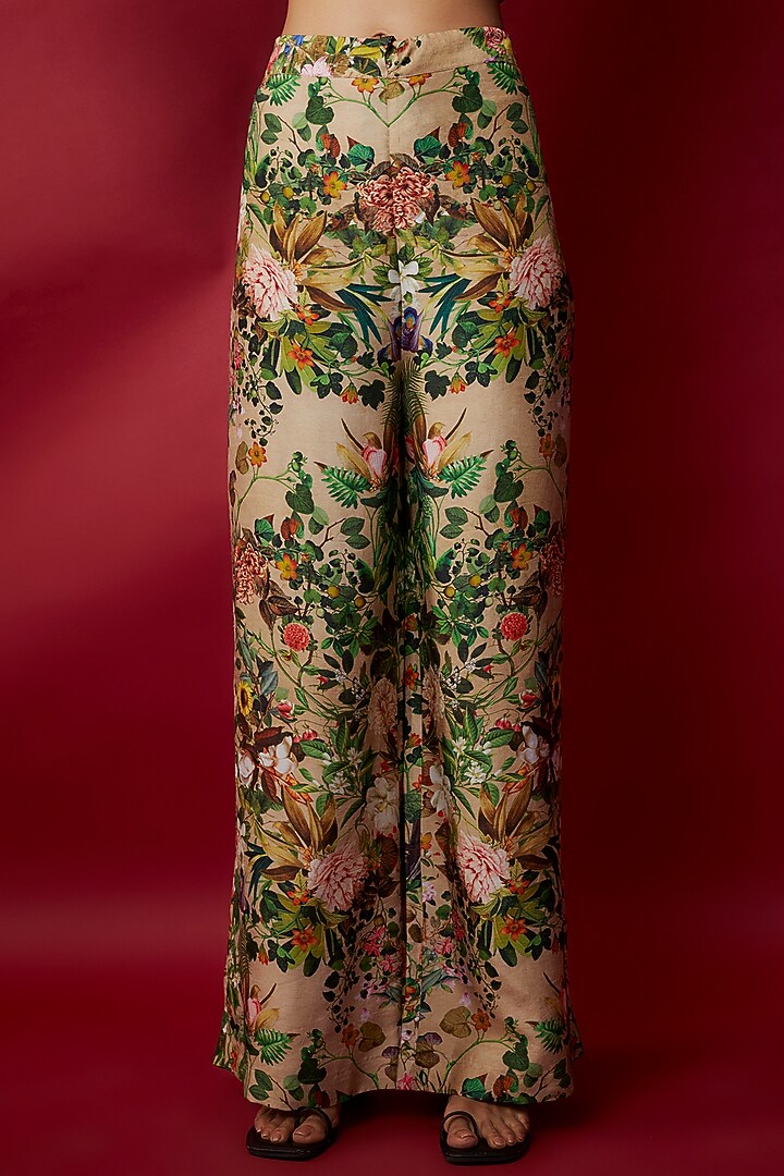 Beige Raw Silk Botanical Printed Tunic Set by Rocky Star at Pernia's Pop Up Shop