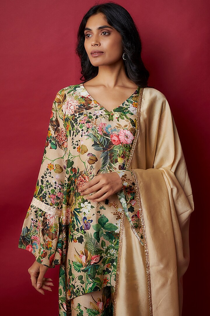Beige Raw Silk Botanical Printed Tunic Set by Rocky Star at Pernia's Pop Up Shop
