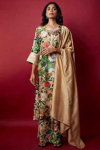 Beige Raw Silk Botanical Printed & Gota Work Tunic Set by Rocky Star