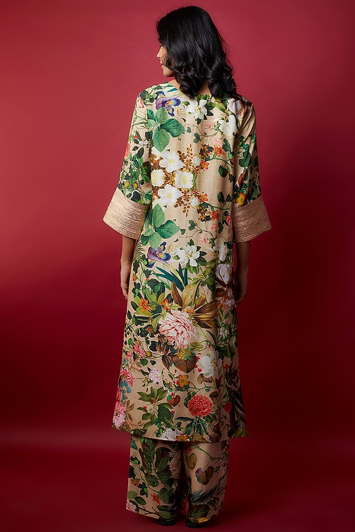 Beige Raw Silk Botanical Printed & Gota Work Tunic Set by Rocky Star at Pernia's Pop Up Shop