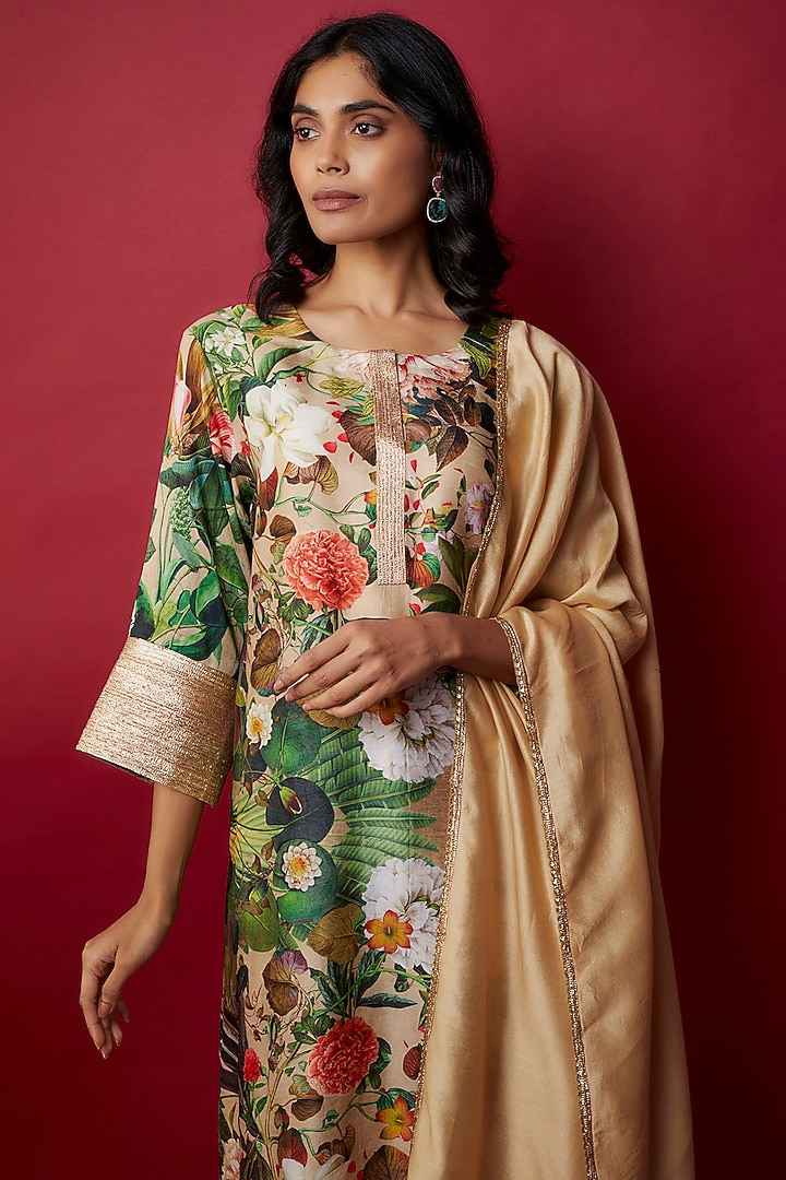 Beige Raw Silk Botanical Printed & Gota Work Tunic Set by Rocky Star at Pernia's Pop Up Shop