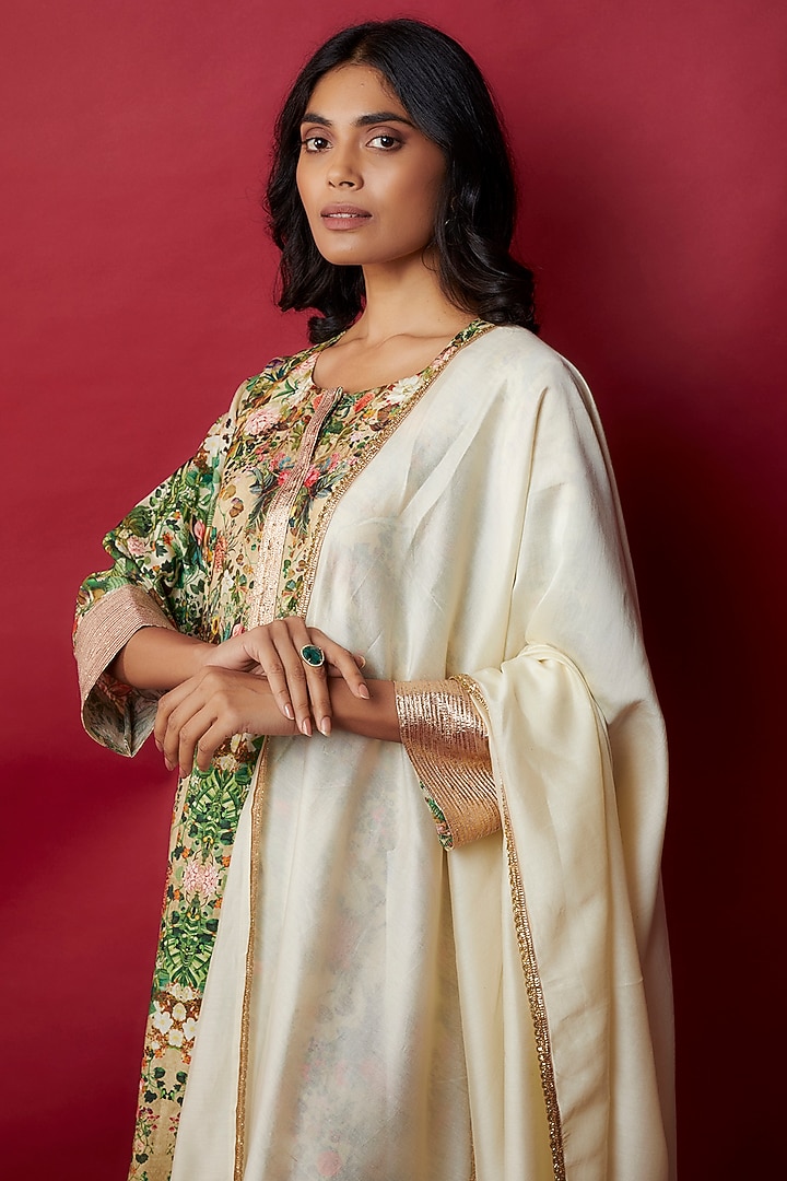 Lemon Raw Silk Botanical Printed & Gota Work Tunic Set by Rocky Star at Pernia's Pop Up Shop
