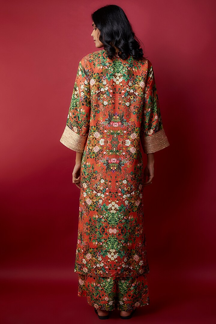 Orange Raw Silk Botanical Printed & Gota Work Tunic Set by Rocky Star at Pernia's Pop Up Shop