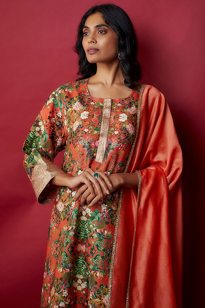 Orange Raw Silk Botanical Printed & Gota Work Tunic Set by Rocky Star at Pernia's Pop Up Shop