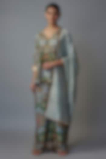 Blue Raw Silk Printed Tunic Set by Rocky Star at Pernia's Pop Up Shop