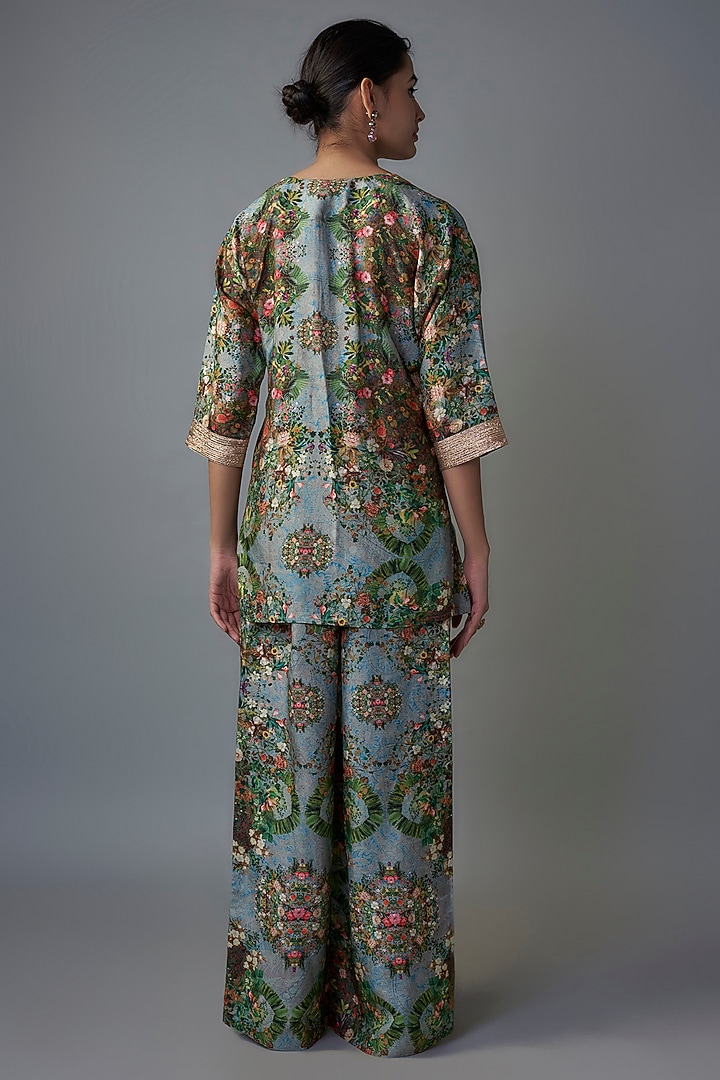 Blue Raw Silk Printed Tunic Set by Rocky Star at Pernia's Pop Up Shop