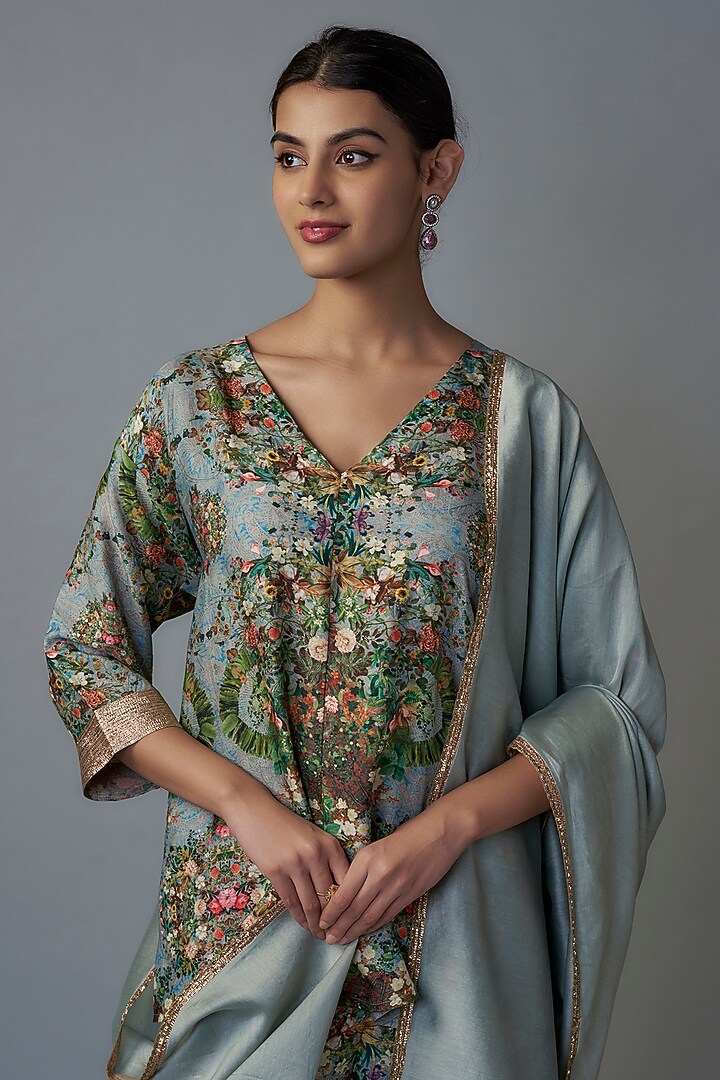 Blue Raw Silk Printed Tunic Set by Rocky Star at Pernia's Pop Up Shop