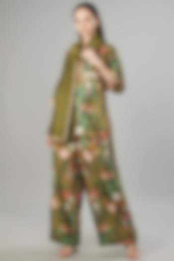 Green Raw Silk Floral Printed Tunic Set by Rocky Star