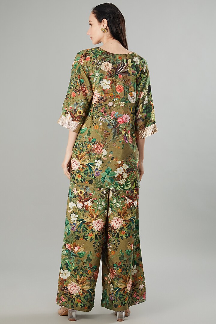 Green Raw Silk Floral Printed Tunic Set by Rocky Star at Pernia's Pop Up Shop