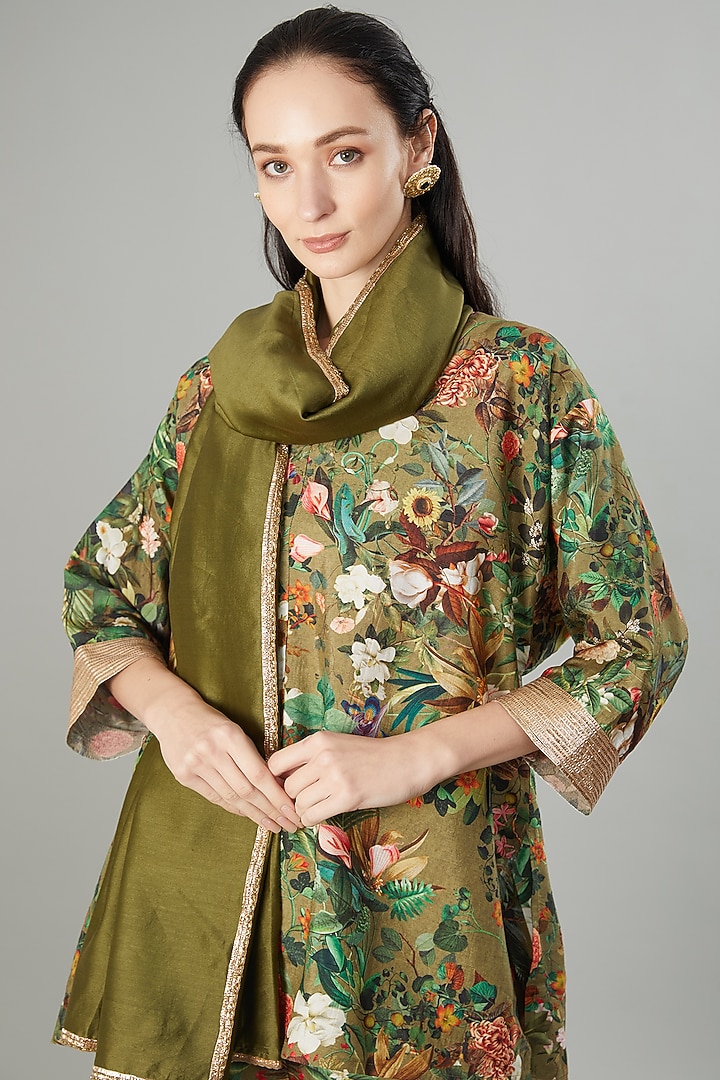 Green Raw Silk Floral Printed Tunic Set by Rocky Star at Pernia's Pop Up Shop