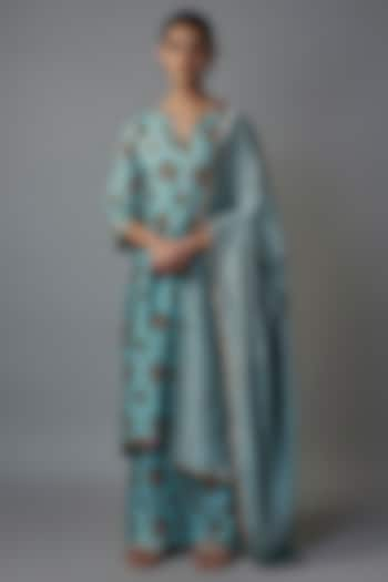 Blue Raw Silk Printed Tunic Set by Rocky Star at Pernia's Pop Up Shop