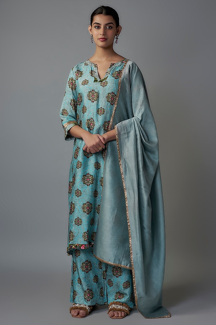 Blue Raw Silk Printed Tunic Set by Rocky Star at Pernia's Pop Up Shop