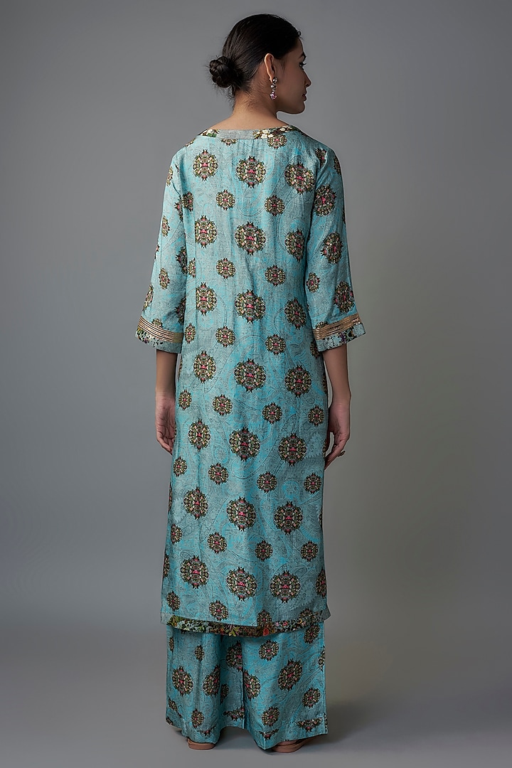 Blue Raw Silk Printed Tunic Set by Rocky Star at Pernia's Pop Up Shop