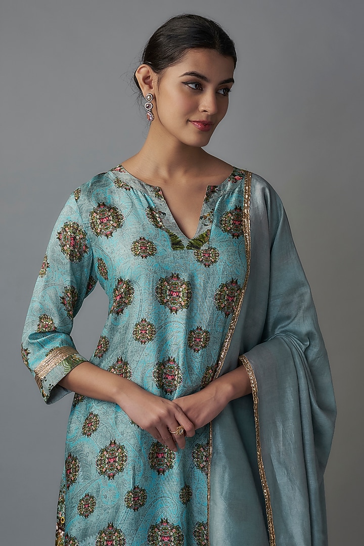 Blue Raw Silk Printed Tunic Set by Rocky Star at Pernia's Pop Up Shop