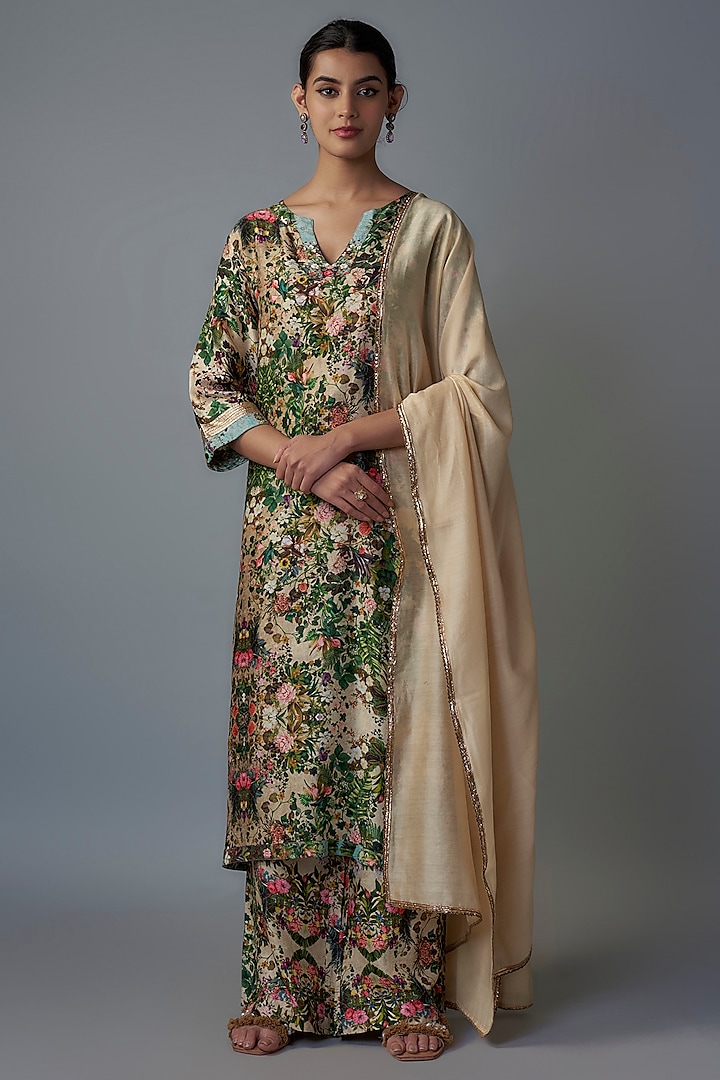 Beige Raw Silk Printed Tunic Set by Rocky Star at Pernia's Pop Up Shop