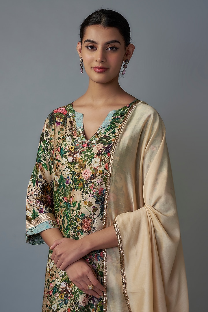 Beige Raw Silk Printed Tunic Set by Rocky Star at Pernia's Pop Up Shop