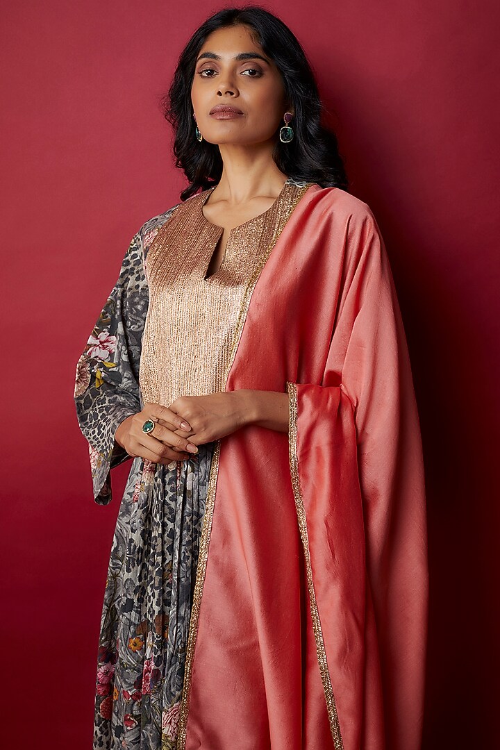 Multi-Colored Mulmul Botanical Printed & Gota Work Tunic Set by Rocky Star at Pernia's Pop Up Shop