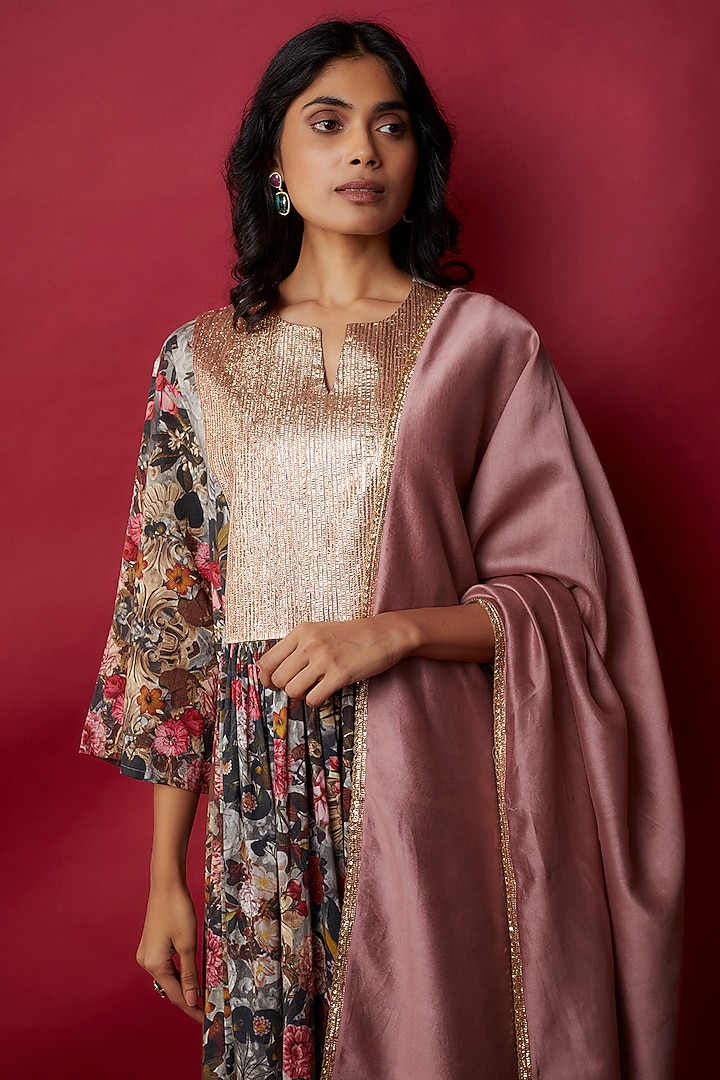 Multi-Colored Mulmul Botanical Printed & Gota Work Tunic Set by Rocky Star at Pernia's Pop Up Shop