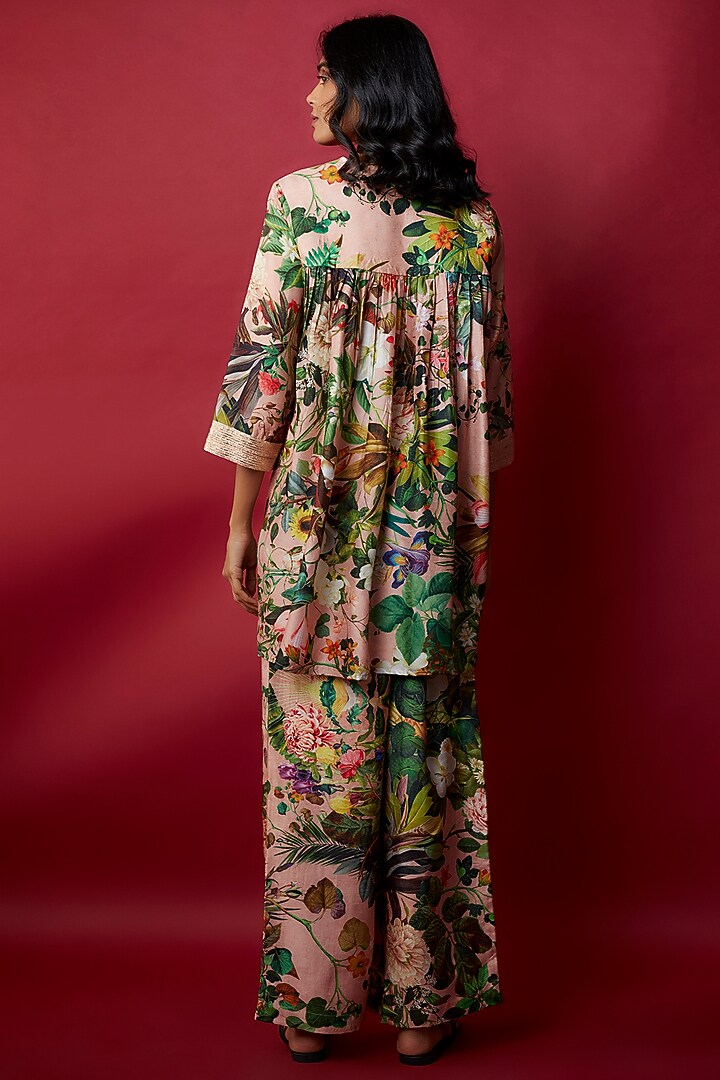 Pink Raw Silk Botanical Printed & Gota Work Tunic Set by Rocky Star at Pernia's Pop Up Shop
