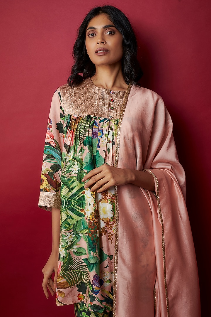 Pink Raw Silk Botanical Printed & Gota Work Tunic Set by Rocky Star at Pernia's Pop Up Shop