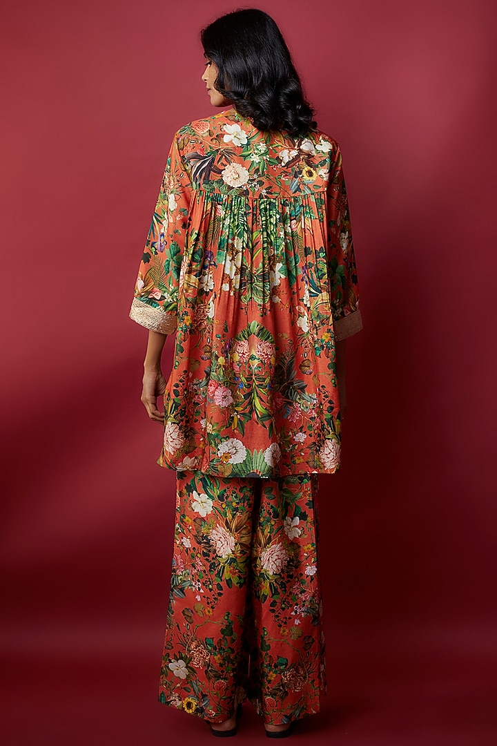 Orange Raw Silk Botanical Printed & Gota Work Tunic Set by Rocky Star at Pernia's Pop Up Shop