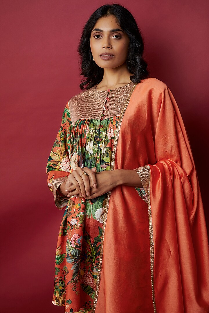 Orange Raw Silk Botanical Printed & Gota Work Tunic Set by Rocky Star at Pernia's Pop Up Shop