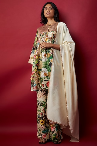 Lemon Raw Silk Botanical Printed & Gota Work Tunic Set by Rocky Star