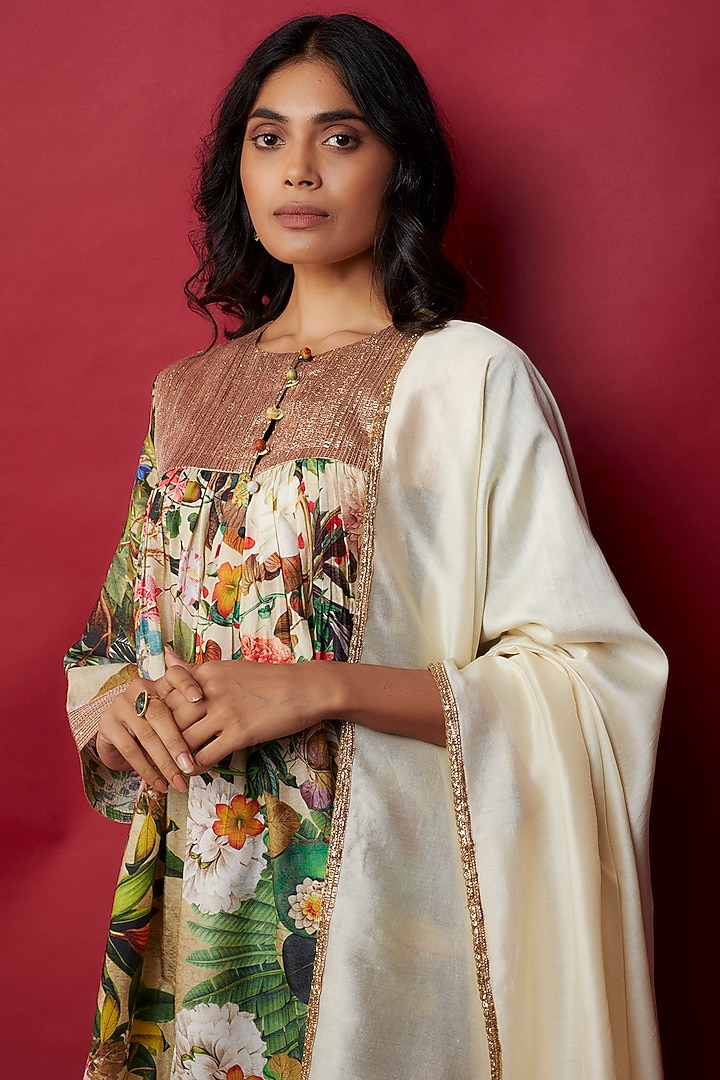Lemon Raw Silk Botanical Printed & Gota Work Tunic Set by Rocky Star at Pernia's Pop Up Shop