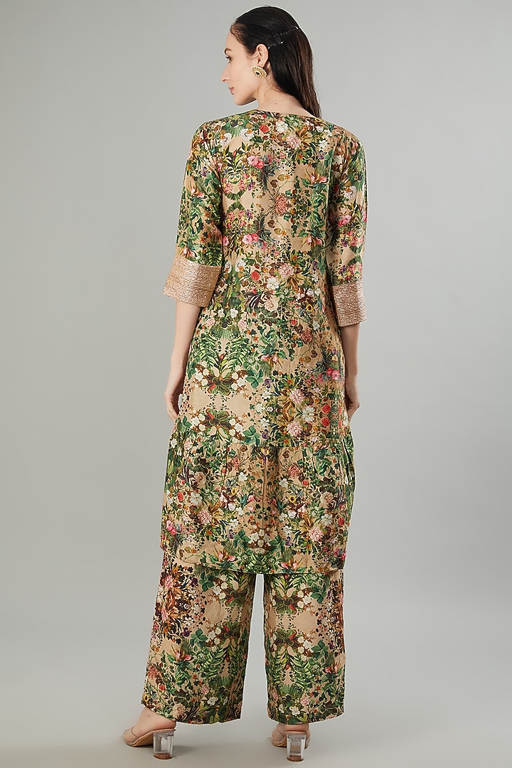 Beige Raw Silk Floral Printed Tunic Set by Rocky Star at Pernia's Pop Up Shop