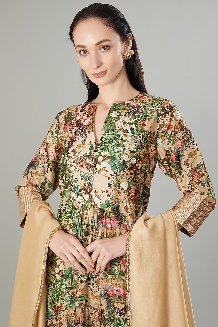 Beige Raw Silk Floral Printed Tunic Set by Rocky Star at Pernia's Pop Up Shop
