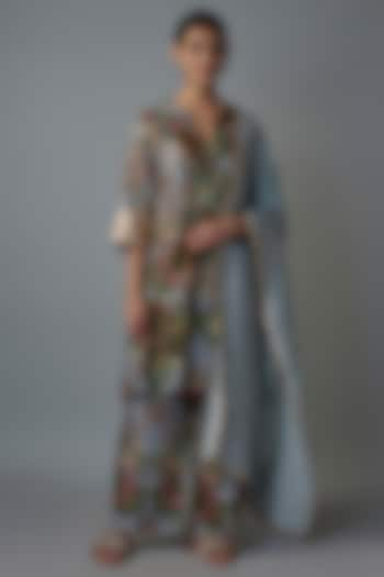 Blue Raw Silk Printed Tunic Set by Rocky Star at Pernia's Pop Up Shop