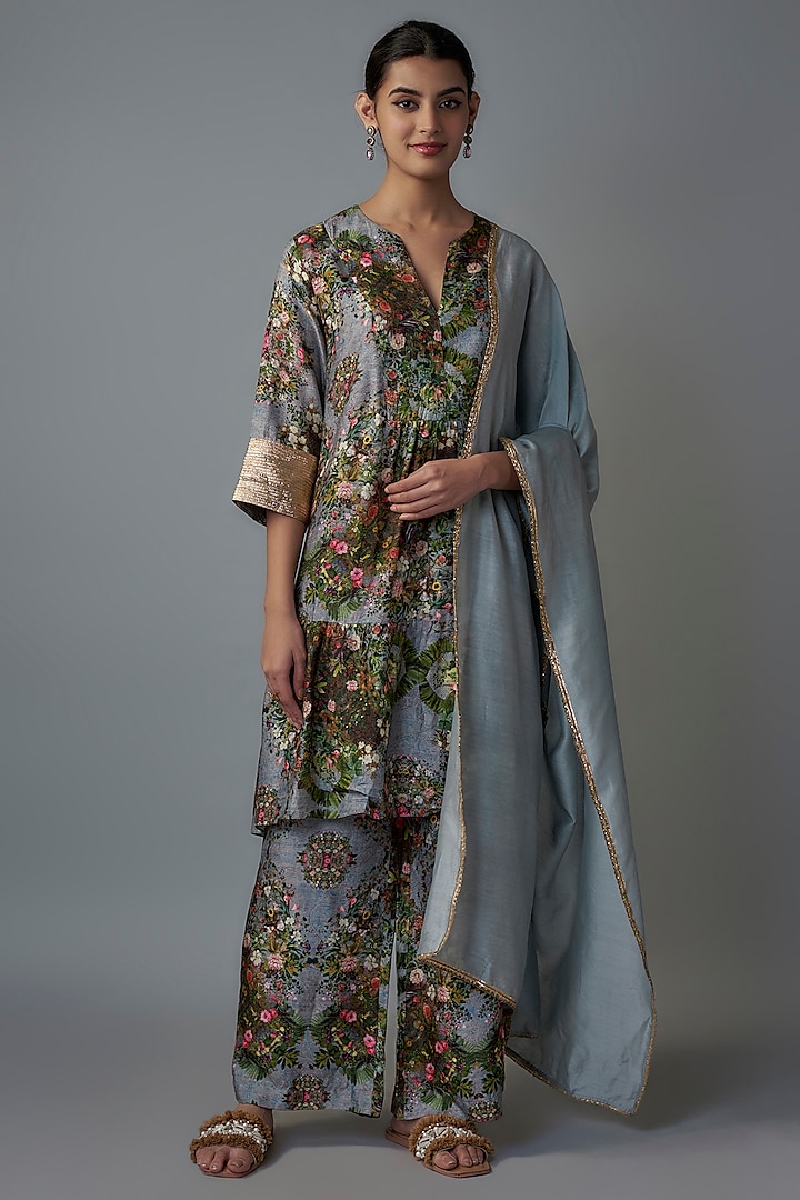 Blue Raw Silk Printed Tunic Set by Rocky Star at Pernia's Pop Up Shop