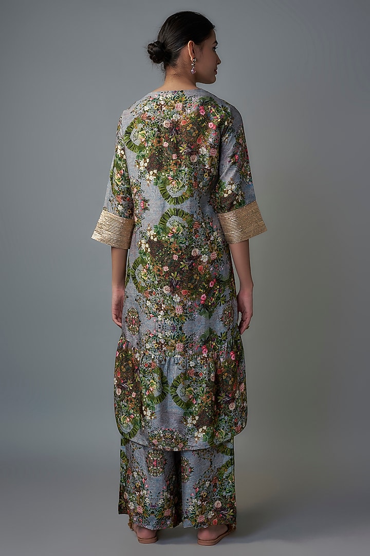 Blue Raw Silk Printed Tunic Set by Rocky Star at Pernia's Pop Up Shop
