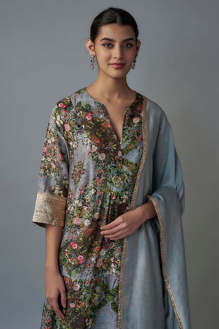 Blue Raw Silk Printed Tunic Set by Rocky Star at Pernia's Pop Up Shop
