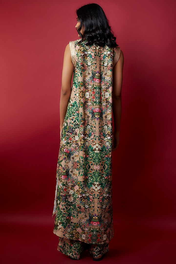 Beige Raw Silk Botanical Printed & Gota Work Tunic Set by Rocky Star at Pernia's Pop Up Shop