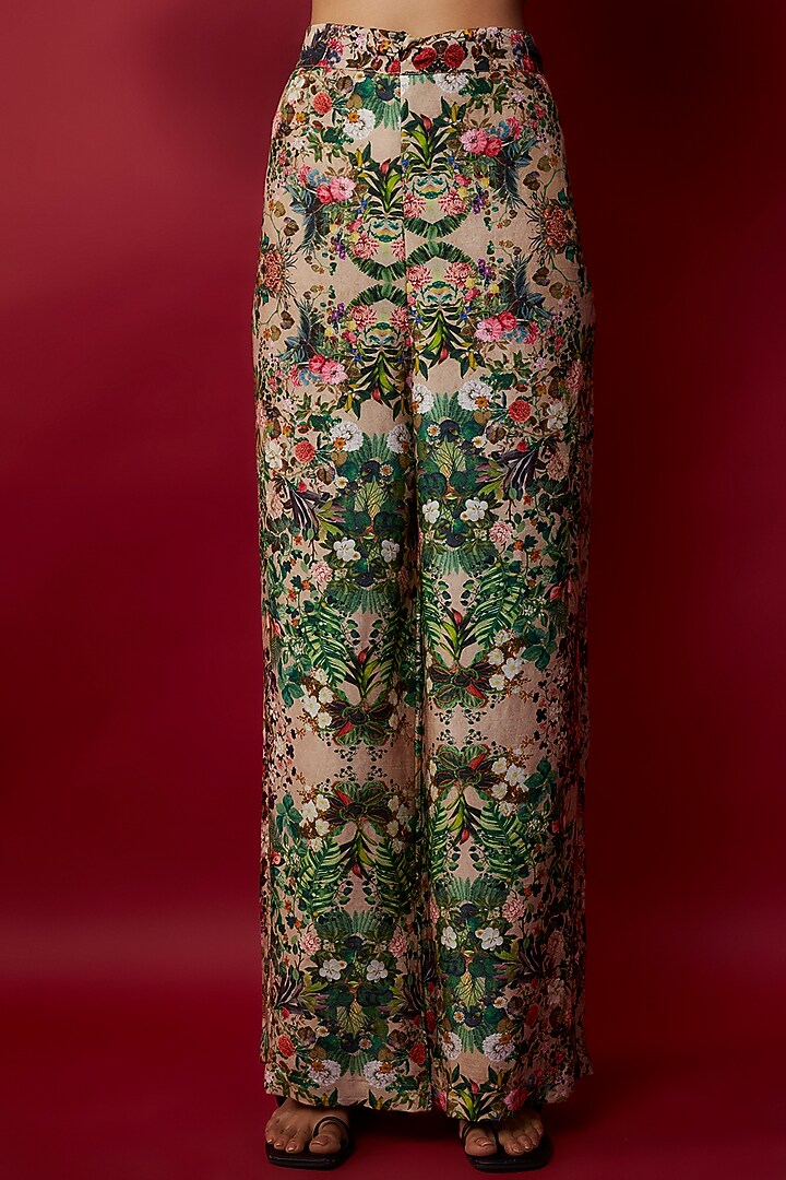 Beige Raw Silk Botanical Printed & Gota Work Tunic Set by Rocky Star at Pernia's Pop Up Shop