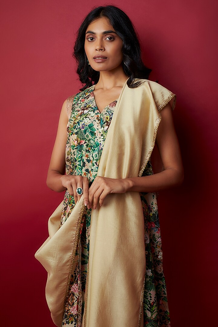 Beige Raw Silk Botanical Printed & Gota Work Tunic Set by Rocky Star at Pernia's Pop Up Shop